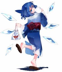Rule 34 | 1girl, blue bow, blue dress, blue eyes, blue hair, bow, cirno, dress, full body, hair bow, highres, holding, ice, ice wings, ikurauni, japanese clothes, kimono, long sleeves, ribbon, short hair, simple background, solo, touhou, white background, wide sleeves, wings, yukata