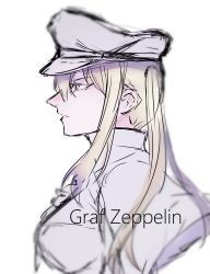 Rule 34 | 1girl, absurdres, agtt25333, blonde hair, breasts, capelet, closed mouth, expressionless, from side, graf zeppelin (kancolle), hair between eyes, hat, highres, kantai collection, long hair, military, military hat, necktie, peaked cap, sidelocks, simple background, solo, twintails, upper body, white background