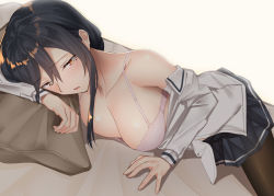 Rule 34 | 1girl, bare shoulders, bed, black hair, black skirt, bra, breasts, brown pantyhose, cleavage, collarbone, grey shirt, large breasts, long hair, long sleeves, looking at viewer, lying, miniskirt, mole, mole under eye, off shoulder, on bed, on side, open clothes, open shirt, original, pallad, pantyhose, parted lips, pillow, pink bra, pleated skirt, red eyes, shirt, sidelocks, skirt, solo, underwear