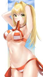 Rule 34 | &gt;:), 1girl, ahoge, armpits, arms up, bare arms, bare shoulders, bikini, blonde hair, blush, breasts, cleavage, closed mouth, collarbone, criss-cross halter, fate/grand order, fate (series), green eyes, hair between eyes, hair intakes, halterneck, highres, large breasts, long hair, mouth hold, navel, nero claudius (fate), nero claudius (fate) (all), nero claudius (swimsuit caster) (fate), ponytail, red ribbon, ribbon, ribbon in mouth, side-tie bikini bottom, smile, solo, striped bikini, striped clothes, swimsuit, tying hair, v-shaped eyebrows, yayoi maka