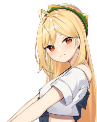 Rule 34 | 1girl, ahoge, blonde hair, breasts, closed mouth, crop top, crop top overhang, from side, hamburger hat, hat, highres, jingburger, long hair, looking at viewer, looking to the side, medium breasts, midriff, off shoulder, overalls, red eyes, shirt, short sleeves, simple background, slit pupils, smile, solo, upper body, virtual youtuber, waktaverse, white background, white shirt, ziro (zirorong)