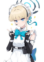 Rule 34 | 1girl, apron, belt, belt pouch, black belt, black gloves, blonde hair, blue archive, blue bow, blue bowtie, blue eyes, blue halo, blue ribbon, blunt bangs, bow, bowtie, braid, breasts, bun cover, closed mouth, collared dress, commentary, dokaw, double v, dress, earpiece, fingerless gloves, french braid, gloves, hair ribbon, halo, hands up, highres, maid headdress, medium breasts, pouch, ribbon, short hair, solo, sparkle, toki (blue archive), upper body, v, white apron