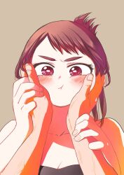 Rule 34 | 1girl, :t, blush, boku no hero academia, breasts, brown eyes, brown hair, cheek squash, cleavage, commentary request, hands on another&#039;s face, highres, looking at viewer, medium breasts, ponytail, pout, saburou (326xxx1), simple background, solo focus, upper body, uraraka ochako