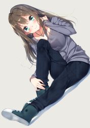 Rule 34 | 10s, 1girl, aqua eyes, between breasts, blush, breasts squeezed together, breasts, brown hair, casual, earrings, hand in own hair, idolmaster, idolmaster cinderella girls, jewelry, large breasts, hugging own legs, long hair, long sleeves, necklace, pants, pendant, shibuya rin, sitting, smile, solo, sweater, yappen, yatsu (sasuraino)