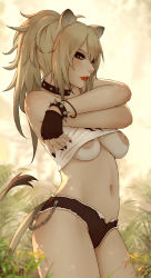 Rule 34 | 1girl, animal ears, arknights, blonde hair, bracelet, breasts, brown eyes, clothes lift, collar, commentary, cowboy shot, english commentary, fingerless gloves, from side, gloves, jewelry, lifted by self, lion ears, lion tail, long hair, medium breasts, nail polish, navel, nipples, no bra, ponytail, shirt lift, short shorts, shorts, siege (arknights), solo, soranamae, spiked bracelet, spikes, studded collar, tail, tank top, undressing, veins, veiny breasts, white tank top
