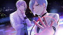 Rule 34 | 2boys, aimpoint, cityscape, closed mouth, earrings, formal, grey vest, highres, idol, jewelry, long sleeves, looking at viewer, multiple boys, multiple earrings, nerima zim, otsuki lin, purple eyes, purple hair, short hair, smile, suit, tsujido maoto, uniteup!, vest, white suit