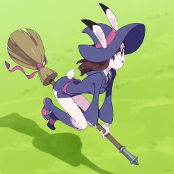 Rule 34 | 1girl, animal ears, belt, boots, breasts, broom, broom riding, brown hair, chinese zodiac, commentary, ears through headwear, english commentary, flying, furrification, furry, furry female, hat, highres, kagari atsuko, little witch academia, long hair, looking at viewer, luna nova school uniform, medium breasts, new year, optionaltypo, outdoors, rabbit ears, rabbit girl, rabbit tail, school uniform, signature, solo, tail, white fur, witch, witch hat, year of the rabbit