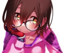 Rule 34 | blurry, brown eyes, brown hair, close-up, closed mouth, glasses, gloves, highres, hololive, hood, hoodie, long sleeves, looking at viewer, looking up, pink hoodie, red gloves, roboco-san, roboco-san (hoodie), sakuya tsuitachi, smile, transparent background, virtual youtuber
