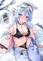 Rule 34 | 1girl, :o, bare shoulders, black bra, black panties, blue eyes, blue hair, blurry, blurry background, blush, bow, bow panties, bra, braid, cowboy shot, eyelashes, goggles, goggles on head, hair between eyes, hair ornament, hat, highres, lace, lace-trimmed bra, lace-trimmed panties, lace trim, lingerie, looking at viewer, midriff, miko (royal milk), nail polish, navel, off-shoulder jacket, off shoulder, open clothes, open mouth, panties, pink nails, skindentation, snow, snowboard, solo, underwear, x hair ornament