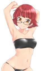 Rule 34 | 1girl, aimobake, armpits, arms behind head, arms up, bad id, bad twitter id, bandeau, bespectacled, bikini, black-framed eyewear, breasts, closed mouth, commentary, glasses, highres, idolmaster, idolmaster million live!, looking at viewer, navel, nonohara akane, orange eyes, red hair, short hair, simple background, skindentation, small breasts, smile, solo, standing, strapless, strapless bikini, swimsuit, tube top, white background