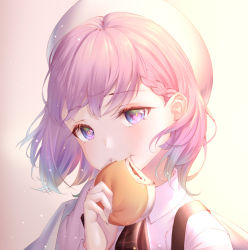 Rule 34 | 1girl, amaroku neko, blue eyes, braid, brown neckwear, character request, check copyright, commentary request, copyright request, eating, food, food in mouth, forever 7th capital, holding, holding food, long sleeves, pink hair, portrait, shirt, short hair, simple background, solo, white headwear, white shirt, yellow background