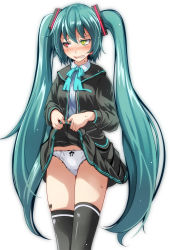 Rule 34 | 1girl, aqua bow, aqua bowtie, aqua hair, black jacket, black skirt, blush, bow, bow panties, bowtie, clenched teeth, clothes lift, collared shirt, commentary request, hair ornament, hatsune miku, heart, highres, jacket, lifted by self, long hair, long sleeves, looking away, looking to the side, nose blush, open clothes, open jacket, panties, parted lips, project diva (series), red eyes, shirt, silent voice (module), simple background, skindentation, skirt, skirt lift, solo, striped clothes, striped shirt, sweat, teeth, thighhighs, tsukishiro saika, twintails, underwear, v-shaped eyebrows, vertical-striped clothes, vertical-striped shirt, very long hair, vocaloid, white background, white panties, white shirt, yellow eyes