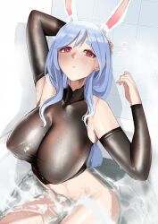 Rule 34 | 1girl, absurdres, animal ear fluff, animal ears, arm warmers, bathtub, blue hair, blush, bottomless, braid, braided ponytail, breasts, covered erect nipples, crop top, highres, hololive, large breasts, long hair, looking at viewer, mature female, multicolored hair, partially submerged, pekomama, pupi (rain prophet), rabbit ears, rabbit girl, red eyes, short eyebrows, smile, streaked hair, virtual youtuber, white hair