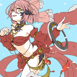Rule 34 | 1girl, au ra, bare shoulders, blue background, breasts, chakram, cleavage, dancer (final fantasy), detached sleeves, dragon horns, final fantasy, final fantasy xiv, horns, jewelry, lili mdoki, looking at viewer, medium breasts, navel, necklace, open mouth, pink hair, scales, short hair, solo, weapon, yellow eyes