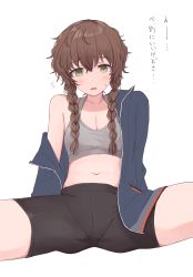 Rule 34 | 1girl, amane suzuha, bike shorts, blue jacket, blush, braid, breasts, brown hair, cleavage, commentary request, green eyes, highres, jacket, kahlua (artist), leaning back, looking at viewer, medium breasts, midriff, navel, off shoulder, open mouth, short hair with long locks, simple background, solo, sports bra, spread legs, steins;gate, sweatdrop, thighs, track jacket, translation request, twin braids, white background