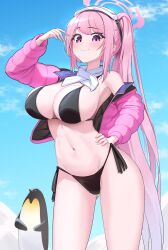 Rule 34 | 1girl, absurdres, animal, bikini, bird, black bikini, blue archive, blue sky, blush, breasts, closed mouth, cloud, coat, commentary, day, eimi (blue archive), eimi (swimsuit) (blue archive), goggles, goggles on head, gradient hair, halo, hand on own hip, highres, large breasts, long hair, long sleeves, looking at viewer, mint cat (a huu), multicolored hair, official alternate costume, outdoors, penguin, pink coat, pink hair, pink halo, ponytail, purple eyes, scarf, side-tie bikini bottom, sky, smile, solo, standing, swimsuit, very long hair, white scarf