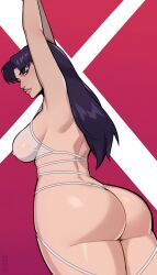 Rule 34 | 1girl, absurdres, arms up, ass, breasts, curvy, female focus, highres, huge ass, katsuragi misato, large breasts, lips, looking back, neon genesis evangelion, one-piece swimsuit, purple hair, see-through, see-through one-piece swimsuit, shiny skin, simple background, smile, swimsuit, thong, thong one-piece swimsuit, wide hips, zpark