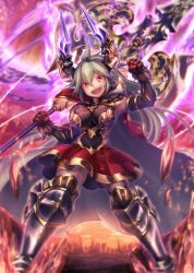 Rule 34 | 1girl, :d, armor, armored boots, armored dress, axe, boots, breastplate, breasts, cape, draph, elbow gloves, energy, fang, full body, fur-trimmed gloves, fur trim, gloves, granblue fantasy, grey hair, hair between eyes, highres, holding, holding weapon, horns, large breasts, long hair, open mouth, polearm, poroze, red eyes, skirt, smile, solo, standing, teeth, threo (granblue fantasy), thighs, weapon