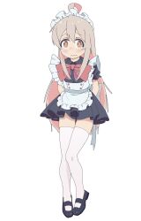 Rule 34 | 1girl, ahoge, alternate costume, arms behind back, black footwear, blush, bow, bowtie, brown eyes, commentary, embarrassed, enmaided, frills, full body, hair between eyes, highres, long hair, looking at viewer, maid, maid headdress, mary janes, onii-chan wa oshimai!, oyama mahiro, pink hair, red bow, red bowtie, shoes, short sleeves, simple background, solenhfe, solo, tears, thigh gap, thighhighs, very long hair, wavy mouth, white background, white thighhighs, zettai ryouiki