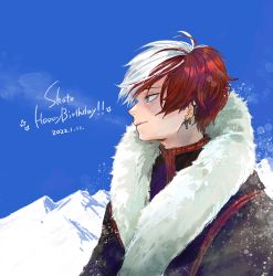 Rule 34 | 1boy, ak ot, bishounen, blue eyes, blue sky, boku no hero academia, breath, burn scar, character name, cold, dated, ear piercing, english text, from side, fur-trimmed jacket, fur trim, hair blowing, happy birthday, high collar, highres, jacket, light smile, male focus, mountainous horizon, multicolored hair, multiple piercings, piercing, profile, red hair, scar, scar on face, short hair, sky, snow, solo, split-color hair, star (symbol), todoroki shouto, two-tone hair, white hair