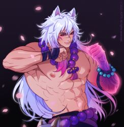 1boy abs animal_ears bara bead_necklace beads cherry_blossoms cowboy_shot falling_petals fighting_stance gradient_skin jewelry large_pectorals league_of_legends lips long_hair looking_at_viewer male_focus muscular muscular_male navel necklace nipples official_alternate_costume pectorals petals sett_(league_of_legends) smile solo spirit_blossom_sett standing thick_eyebrows topless_male v-taper wolf_ears yotti