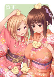 Rule 34 | 2girls, animal, animal on head, bird, bird on head, blonde hair, blush, breasts, brown eyes, brown hair, chick, highres, japanese clothes, kimono, large breasts, long hair, looking at another, multiple girls, nengajou, new year, nukunuku (hinataboltuko), on head, open mouth, original, ponytail, red eyes, short hair, smile, wavy hair