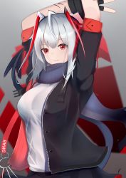 Rule 34 | 1girl, absurdres, ahoge, antennae, arknights, arms up, black jacket, black scarf, breasts, commentary request, grey background, highres, huge filesize, jacket, kotoha (kotoha65), large breasts, looking at viewer, open clothes, open jacket, red eyes, scarf, shirt, short hair, short sleeves, silver hair, smile, solo, upper body, w (arknights), white shirt