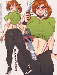 Rule 34 | 1girl, absurdres, artist name, ass, black choker, black footwear, black pants, blush, breasts, carrot zanahorias, chainsaw, choker, earrings, freckles, green shirt, highleg, highleg panties, highres, holding, holding chainsaw, holding knife, hoop earrings, jewelry, knife, large breasts, looking at viewer, midriff, multiple views, navel, orange hair, panties, pants, panty peek, panty straps, parted lips, patreon logo, pink panties, purple eyes, shirt, shoes, short sleeves, side ponytail, smile, the fairly oddparents, tongue, tongue out, underwear, vicky (fairly oddparents), white background