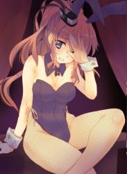 Rule 34 | 10s, 1girl, animal ears, blue eyes, breasts, brown hair, cleavage, cowboy shot, detached collar, fake animal ears, fishnet pantyhose, fishnets, kantai collection, leaning forward, crossed legs, leotard, long hair, looking at viewer, malino (dream maker), medium breasts, pantyhose, parted lips, playboy bunny, ponytail, rabbit ears, saratoga (kancolle), side ponytail, sitting, table, wrist cuffs