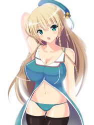 Rule 34 | 10s, 1girl, absurdres, adapted costume, atago (kancolle), blonde hair, blush, breasts, green eyes, hat, highres, kantai collection, kura (kurenakurena), large breasts, long hair, looking at viewer, military, military uniform, open mouth, solo, thighhighs, uniform