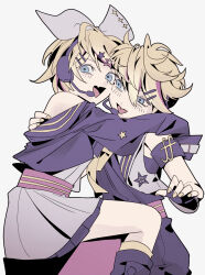 Rule 34 | 1boy, 1girl, bare shoulders, blonde hair, blue eyes, bow, fang, hair bow, hair ornament, hairclip, headphones, highres, hug, jacket, kagamine len, kagamine rin, looking at another, looking at viewer, mangomelange, multicolored hair, muse dash, open mouth, purple hair, purple jacket, shirt, short hair, siblings, sitting, skin fang, skirt, sleeveless, sleeveless shirt, smile, star (symbol), star hair ornament, streaked hair, triangle mouth, twins, vocaloid, white bow, white shirt, white skirt