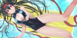 Rule 34 | 1girl, alf874, bad id, bad pixiv id, black hair, breasts, cleavage, competition swimsuit, earrings, front zipper swimsuit, hairband, huge breasts, jewelry, long hair, looking at viewer, meme attire, one-piece swimsuit, original, pink eyes, pointy ears, solo, swimsuit, thighs, unzipped, water, zipper