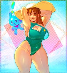 Rule 34 | 1girl, absurdres, arms behind head, breasts, brown eyes, brown hair, cashumeru, chao (sonic), cleavage, hat, highres, leg up, mole, ocean, sonic adventure, straw hat, swimsuit, tagme, toned