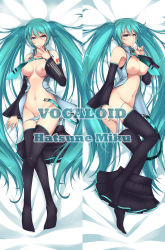 Rule 34 | 1girl, absurdres, belt, breasts, character name, copyright name, dakimakura (medium), dean (momodean), detached sleeves, groin, hatsune miku, highres, large breasts, long hair, multiple views, nail polish, necktie, nipples, panties, panty pull, skirt, smile, striped clothes, striped panties, thighhighs, twintails, underwear, very long hair, vocaloid