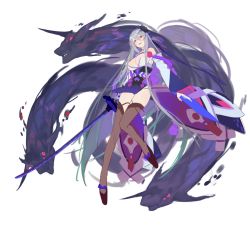 Rule 34 | 1girl, ark order, bare shoulders, breasts, grey hair, hair between eyes, holding, holding sword, holding weapon, katana, large breasts, long hair, monster, parted lips, red cucumber, red eyes, smile, solo, sword, very long hair, weapon, wide sleeves, yamata no orochi (ark order)