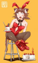 Rule 34 | 1girl, animal ears, bar stool, bare shoulders, black pantyhose, blush, bow, bowtie, breasts, brown hair, cake, candle, cat ears, cat tail, choker, cleavage, clothing cutout, cream, cream on face, eyebrows, fake animal ears, fang, food, food on face, fork, gloves, highres, large breasts, leotard, licking lips, navel, navel cutout, open mouth, original, pantyhose, playboy bunny, rabbit ears, red footwear, red gloves, ribbon choker, san mamiya, shoes, short hair, sitting, slit pupils, sneakers, solo, stool, tail, thick eyebrows, tongue, tongue out, yellow background