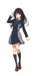 Rule 34 | 1girl, aqua ribbon, belt, black hair, black socks, blue belt, blue dress, breasts, brown footwear, closed mouth, collared shirt, dress, full body, grey dress, inoue takina, kneehighs, loafers, long hair, long sleeves, looking at viewer, lycoris recoil, lycoris uniform, neck ribbon, official art, pleated dress, purple eyes, ribbon, shirt, shoes, simple background, small breasts, socks, solo, standing, tachi-e, transparent background, two-tone dress, white shirt
