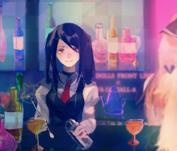 Rule 34 | 3girls, alcohol, artist request, bar (place), bartender, bottle, cocktail shaker, commentary request, copyright name, cup, drinking glass, girls&#039; frontline, highres, idw (girls&#039; frontline), jill stingray, springfield (girls&#039; frontline), multiple girls, necktie, out of frame, purple hair, red eyes, smile, super-shorty (girls&#039; frontline), va-11 hall-a, wine, wine bottle, wine glass