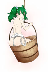 Rule 34 | 1girl, ass, back, bad id, bad pixiv id, blush, bucket, female focus, fundoshi, green eyes, green hair, hair bobbles, hair ornament, in bucket, in container, japanese clothes, kisume, matching hair/eyes, open mouth, rope, shimenawa, short hair, solo, topless, touhou, twintails, yukihalbert