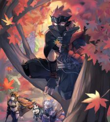 Rule 34 | 1girl, 2boys, autumn, autumn leaves, baku the beast ninja, black hair, black wings, blonde hair, body fur, breasts, brown hair, commentary request, covered mouth, dog, duel monster, feathered wings, forest, grey hair, high ponytail, highres, long hair, looking at viewer, mask, medium breasts, meizen the battle ninja, mitsu the insect ninja, mouth mask, multicolored hair, multiple boys, nature, ninja, outdoors, pipu 012, short hair, solo focus, tobari the sky ninja, two-tone hair, white fur, winged arms, wings, yu-gi-oh!