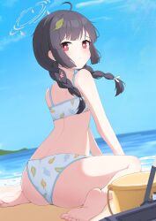 Rule 34 | 1girl, absurdres, ahoge, ass, bare arms, bare legs, bare shoulders, barefoot, beach, bikini, black hair, blue archive, braid, day, highres, icetea (8862), leaf, leaf on head, long hair, looking at viewer, miyu (blue archive), miyu (swimsuit) (blue archive), ocean, official alternate costume, official alternate hairstyle, outdoors, red eyes, sitting, soles, solo, swimsuit, toes, twin braids, wariza, white bikini