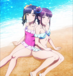Rule 34 | 10s, 2girls, anime screenshot, beach, bikini, black hair, breasts, brown hair, closed mouth, day, double bun, hair bun, highres, kandagawa jet girls, looking at viewer, multiple girls, navel, one-piece swimsuit, outdoors, pan dina, pan ziyu, screencap, siblings, sisters, sitting, small breasts, smile, stitched, swimsuit, thighs, third-party edit, twins, twintails, yellow eyes