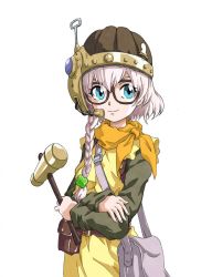 Rule 34 | 1girl, bag, belt, blue eyes, braid, chrono trigger, closed mouth, cosplay, glasses, hammer, helmet, kanimusiv v, looking to the side, lucca ashtear, purple hair, scarf, short hair, shoulder bag, simple background, single braid, smile, solo, virtual youtuber, white background
