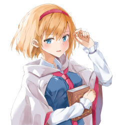 Rule 34 | 1girl, adapted costume, alice margatroid, blonde hair, blue dress, blue eyes, blush, book, dress, hiiragi (user slf5165), holding, holding book, looking at viewer, short hair, simple background, solo, touhou, white background