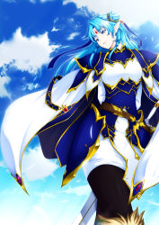 Rule 34 | 1girl, armor, bad id, bad pixiv id, belt, black thighhighs, blue eyes, blue hair, cape, cloud, day, fantasy, faulds, forehead jewel, from below, gold trim, hair bun, hair ornament, halcyon, long hair, matching hair/eyes, original, outdoors, parted lips, pauldrons, pointy ears, remedia kalar, shoulder armor, single hair bun, sky, smile, solo, sword, thighhighs, toushin toshi, toushin toshi iii, weapon