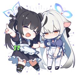 Rule 34 | 2girls, alternate costume, animal ears, apron, black dress, black footwear, black hair, blue archive, blue dress, blush, chibi, closed eyes, closed mouth, dress, hair ornament, halo, highres, holding hands, hufy, kokona (blue archive), long hair, multicolored hair, multiple girls, open mouth, orange eyes, pointing, puffy short sleeves, puffy sleeves, short sleeves, shun (blue archive), shun (small) (blue archive), simple background, streaked hair, sweat, thighhighs, two side up, very long hair, white apron, white background, white footwear, white thighhighs