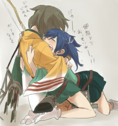 Rule 34 | 10s, 2girls, arrow (projectile), blue hair, bow (weapon), brown hair, crying, closed eyes, hiryuu (kancolle), hug, japanese clothes, kantai collection, machinery, multiple girls, open mouth, quiver, ree (re-19), souryuu (kancolle), tears, translated, twintails, weapon