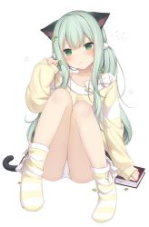 Rule 34 | 1girl, amashiro natsuki, animal ears, black skirt, blush, book, cat ears, cat girl, cat tail, closed mouth, clover hair ornament, collarbone, commentary request, four-leaf clover hair ornament, frilled skirt, frills, full body, green eyes, green hair, hair between eyes, hair ornament, hand up, head tilt, heart, highres, light frown, long hair, long sleeves, no shoes, original, panties, pinching sleeves, shirt, simple background, sitting, skirt, sleeves past wrists, socks, solo, striped clothes, striped shirt, striped socks, tail, twintails, underwear, very long hair, white background, white panties