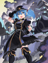 Rule 34 | 1girl, :d, alternate costume, black gloves, black hat, black skirt, black thighhighs, blue eyes, blue hair, boots, commentary request, falken (yutozin), gloves, hair bobbles, hair ornament, hand on own hip, hat, highres, kawashiro nitori, looking at viewer, open mouth, puffy short sleeves, puffy sleeves, revision, short sleeves, skirt, smile, solo, standing, thigh boots, thighhighs, touhou, twintails