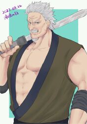 Rule 34 | 1boy, bara, character request, facial hair, goatee, highres, kingdom (series), large pectorals, looking at viewer, male focus, mature male, muscular, muscular male, mustache, old, old man, open clothes, over shoulder, pectoral cleavage, pectorals, shirt, short hair, sleeveless, sleeveless shirt, solo, strongman waist, sword, sword over shoulder, thick eyebrows, thick mustache, wakwak sam, weapon, weapon over shoulder, white hair, wrinkled skin